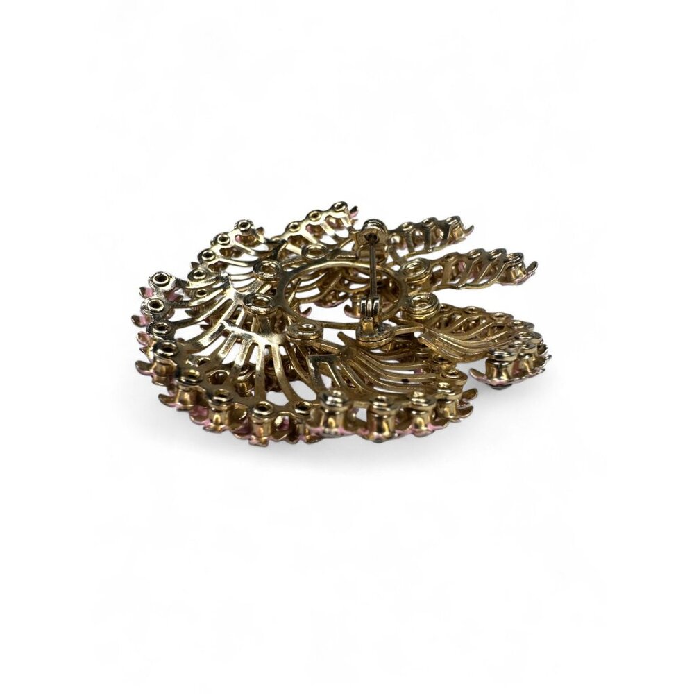 Vintage Pink Enamel Clear Rhinestone Floral Brooch Clip On Earrings Set - Picture 4 of 11